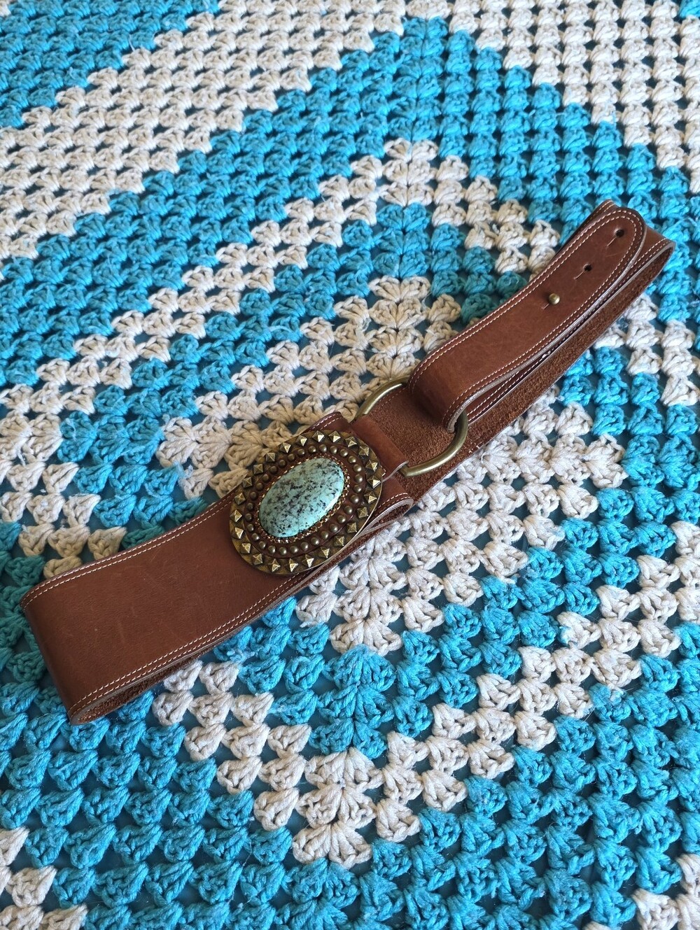 Leather Rock Leather Belt With Turquoise Buckle With Gild Studs